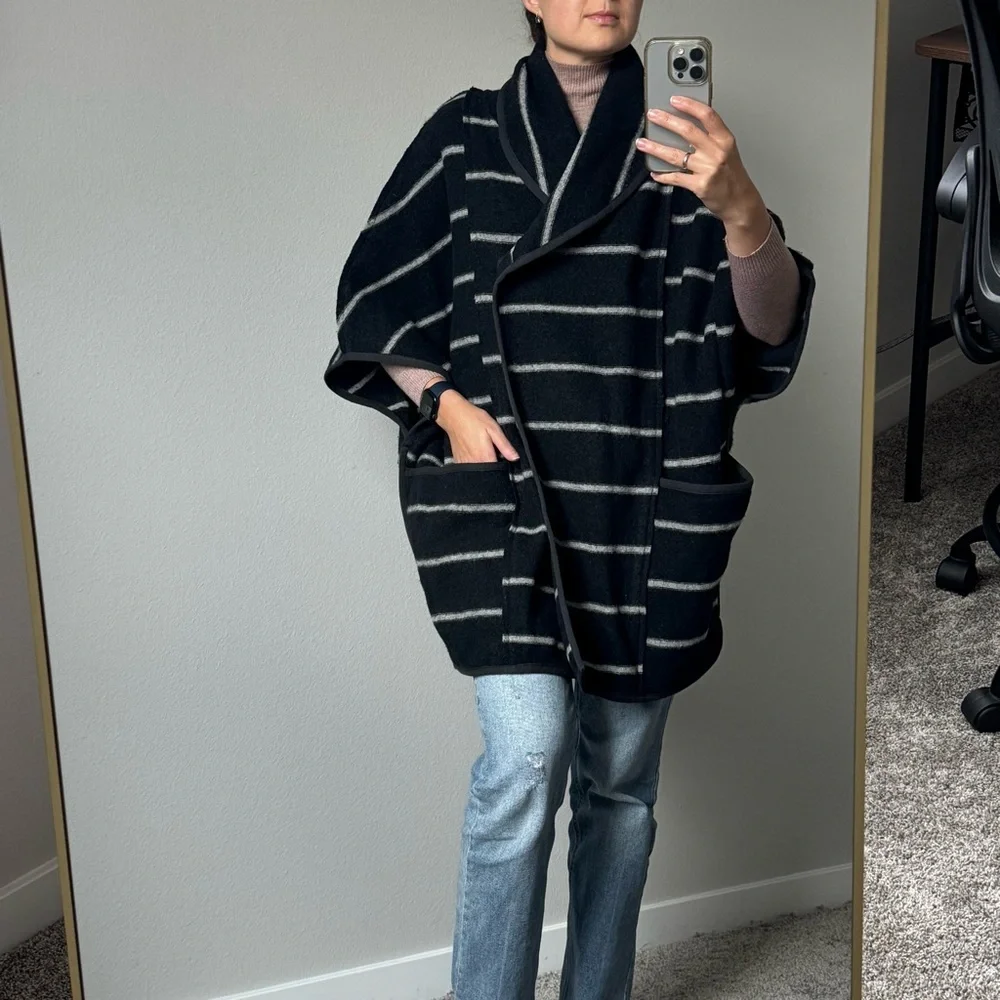Free People Wool-Blend Striped Cape Coat – Black/Grey – XS (Oversized, Fits S–M) - Picture 5 of 16